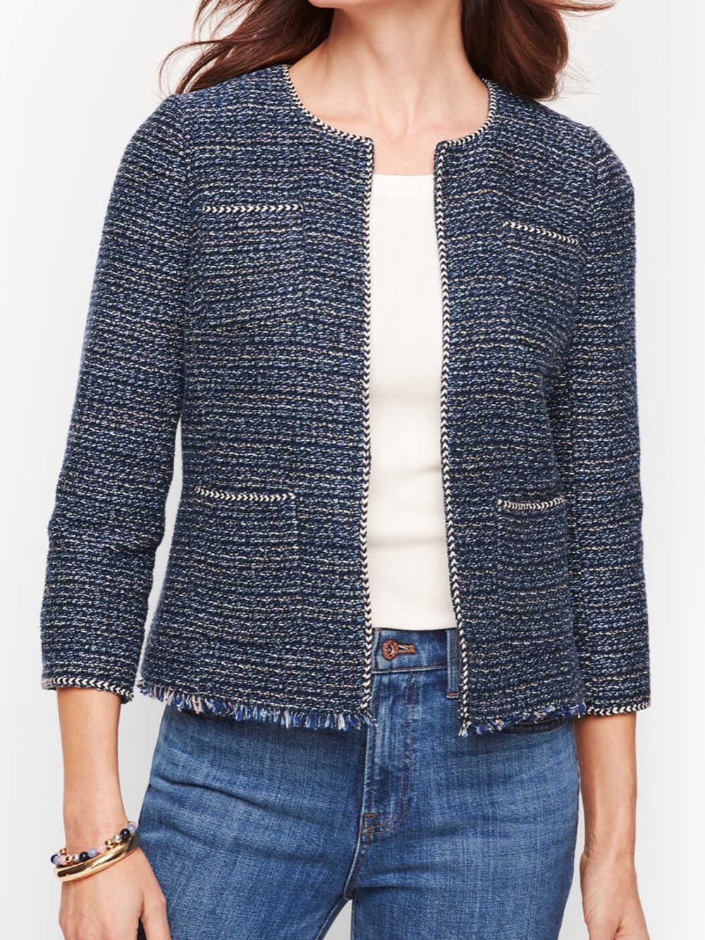 Talbots Sz 10 AIRY TWEED WOVEN JACKET Blue White Tweed Open-Front Blazer